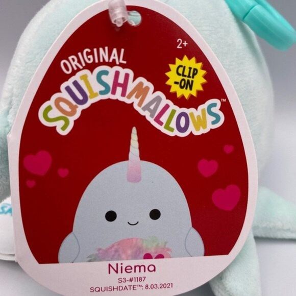 Squishmallow 3.5” Valentines Furry Belly Niema Narwhal Clip On Keychain - Picture 4 of 8